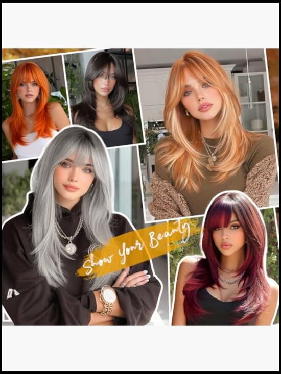 24 Inch Long Straight Layered Wig with Bangs Full Head Synthetic Heat Resistant